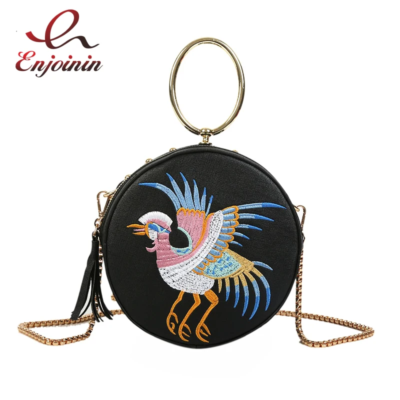 

Elegant Fashion Metal Ring Embroidery Bird Pattern Pu Leather Ladies Handbag Shoulder Bag Crossbody Mini Messenger Bag Pouch