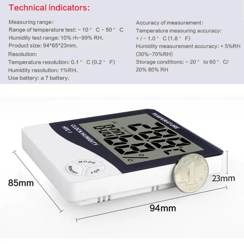 HTC-1 Цифровой большой экран Домашний термометр метеостанции гигрометр Измеритель температуры и влажности Будильник AAA батарея