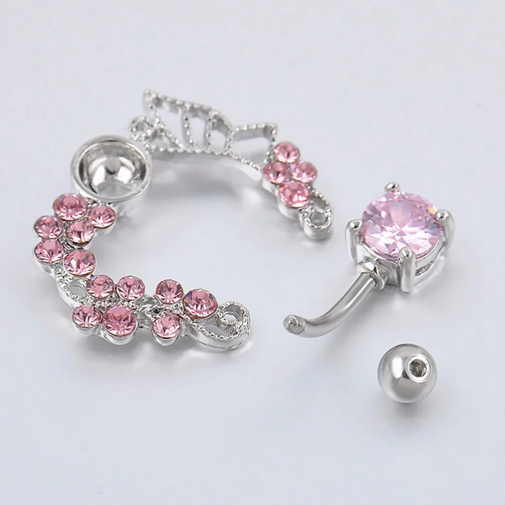 1Pc Pink Body Jewelry Flower Butterfly Crystal Navel Studs Belly Ring