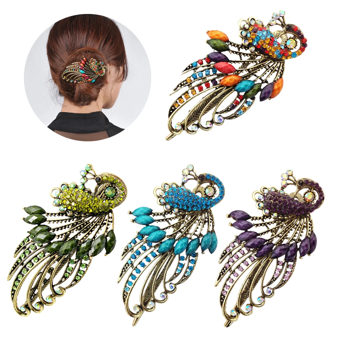 1pc Rhinestone Retro Peacock Hair Clip Vintage Claw Clip Metal