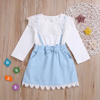 

Oklady Girls Dress Lace Dress T-Shirt Top Denim Baby Girl Dress Overalls Blue Bow School Casual Wear O Neck Girl's Clothes