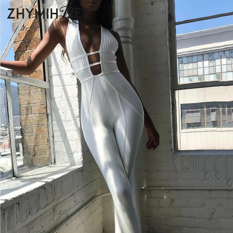 Сексуальный белый женский комбинезон ZHYMIHRET с лямкой на шее Осень зима 2018