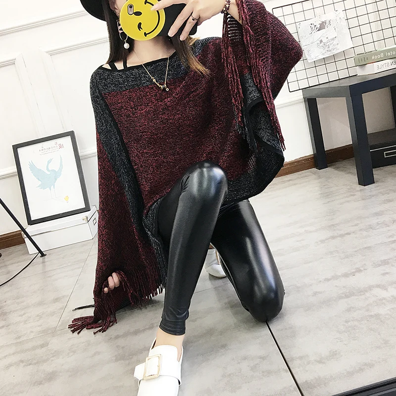 

New Fashion Women Autumn Clothes Shawl Scarf Sweater Ladies Wine Red Pullover Fringe Poncho Oblique Stripe Coat New