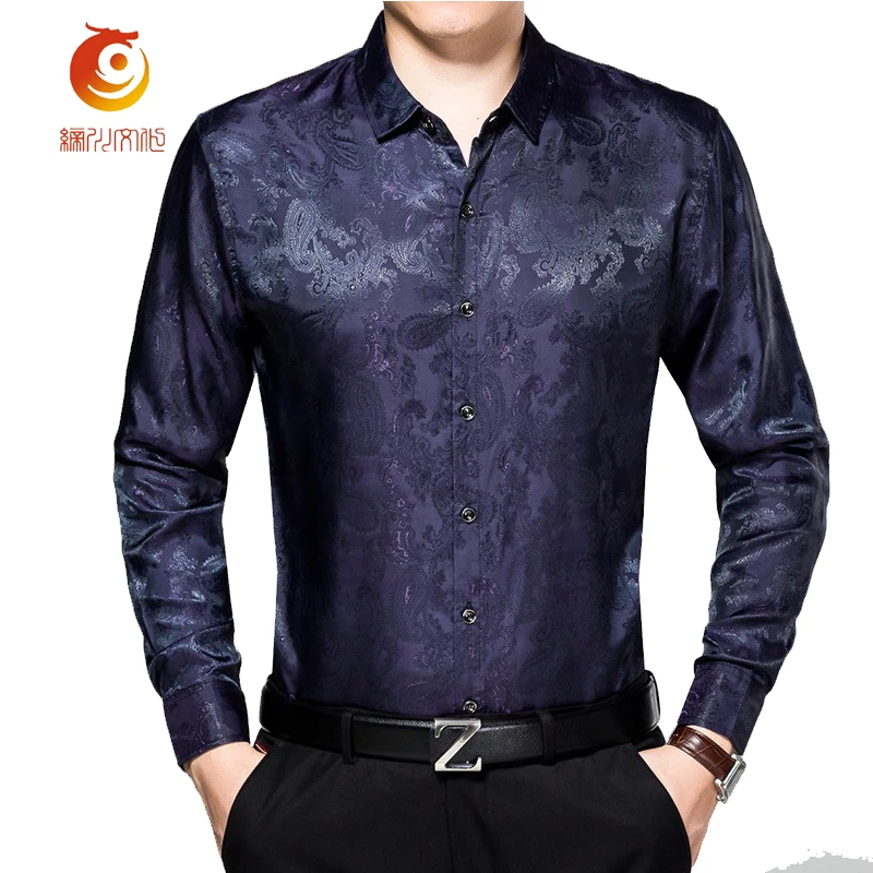 

Men's Shirt Navy Blue Dobby Slik Shirt Slim Fit Camisa Hombre 2018 Spring Male Shirt Turn-down Collar Slik Mens Dress Shirts