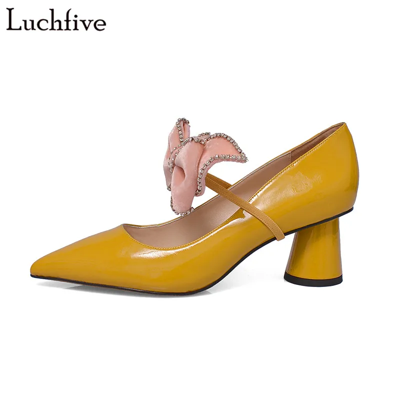 

Luchfive Yellow Patent Leather Butterfly-Knot Women Pumps Shallow Mouth Pointed Toe Elastic Band Round High Heels Shoes Women
