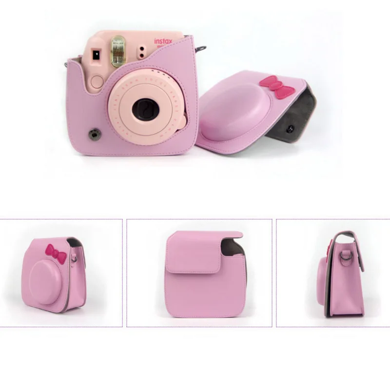 For Fujifilm Instax Mini Hello Kitty Bow-Knot Instant Film Photo Camera Carrying PU Leather Bag Case Cover with Shoulder Strap