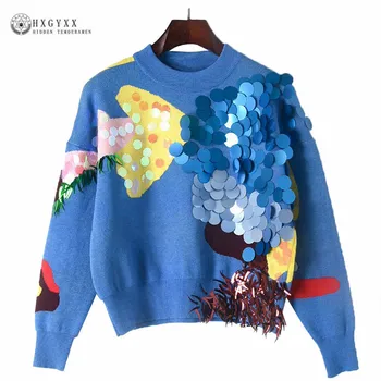 

Luxury Brand Sequins Runway Sweater For Women 2020 Spring Autumn Thick Warm Pullover Fish Beading Knit Jumpers Crop Top Okb497