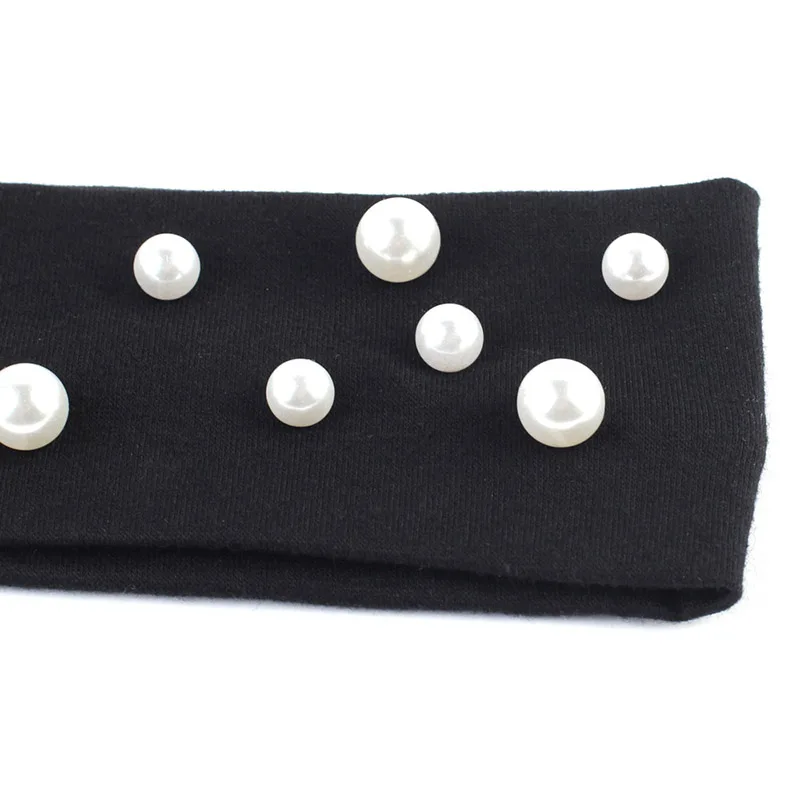 Geebro-New-Spring-Black-Cotton-Flat-Headband-for-Baby-White-Pearls-Plain-Color-Stretchy-Elastic-Headbands (3) - 