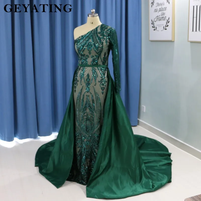 Emerald Green Mermaid Evening Dress Long Sleeve Detachable Train Muslim Prom Dresses 2019 Arabia Glitter Formal Party Gowns