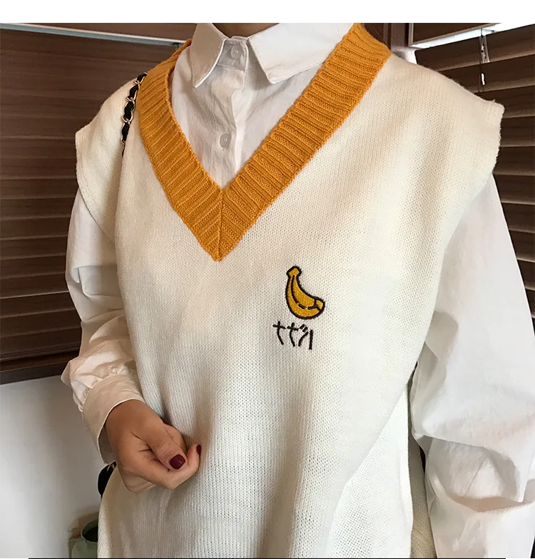 Шесть Цвета Harajuku v-образным вырезом вязаный Для женщин свитер жилеты Симпатичные Фрукты вышивка студент жилеты Сладкий рукавов Свитера для девочек жилет