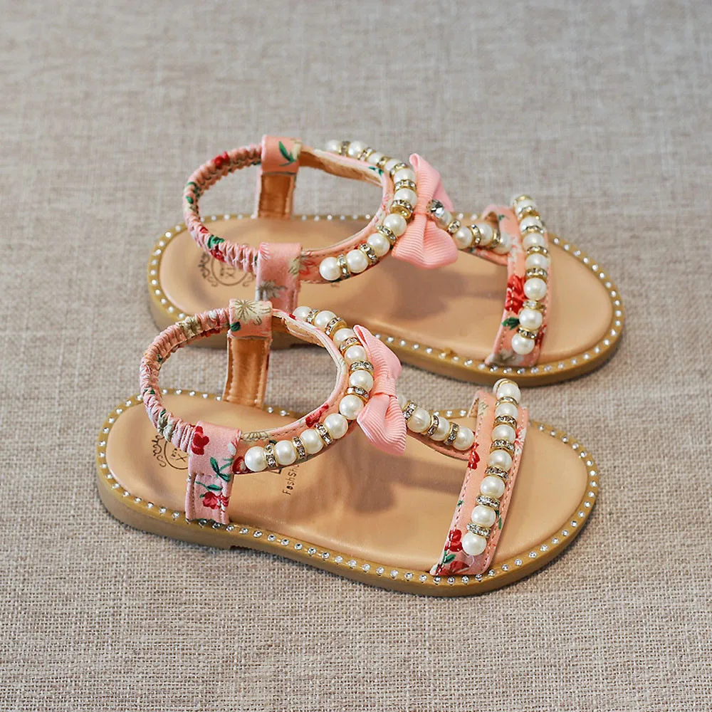 Детская обувь, летняя обувь для маленьких девочек с бантом, жемчугом и кристаллами, римская обувь принцессы, sapato infantil menina5.953