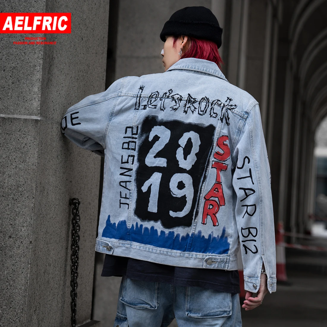 

AELFRIC Letter Graffiti Denim Jeans Baseball Jacket Men Hip Hop Outwear Harajuku Streetwear Urban Male Jacket Coats Casual Jean