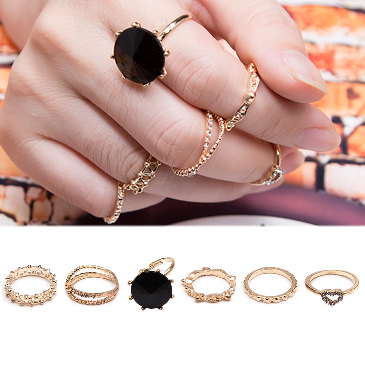 6pcs/Set Punk Midi Rings Set Shellhard Boho Crystal Rhinestone Stone