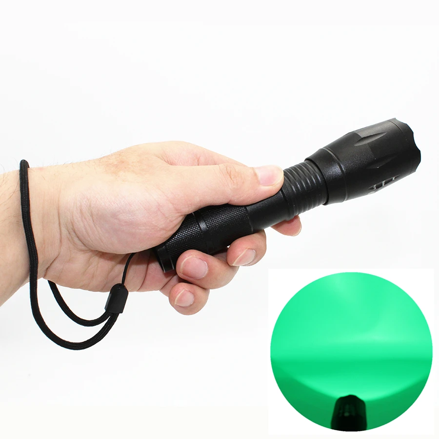 

Hunting LED Flashlight Green Light Zoom Tactical Torch Long Distance Power by 18650 or AAA Battery