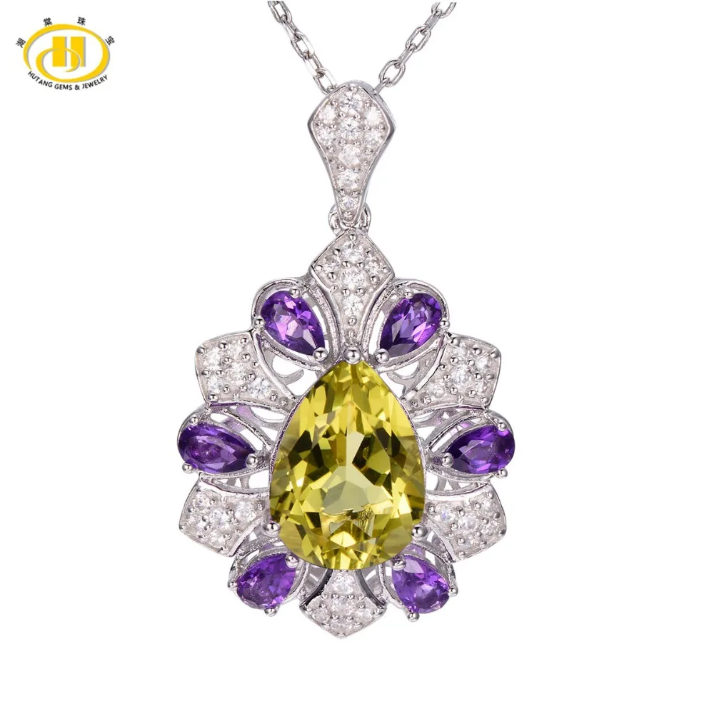 

Hutang 925 Sterling Silver Jewelry Lemon Natural Quartz & Amethyhst Diamond Pendant Necklace for Women Fine Jewelry Collares