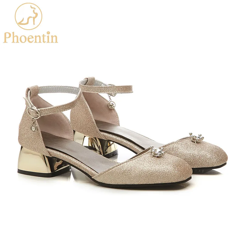 

Phoentin gold sandals 2018 ankle strap buckle sandals-women crystal decoration sequined cloth med heel female shoes summer FT385