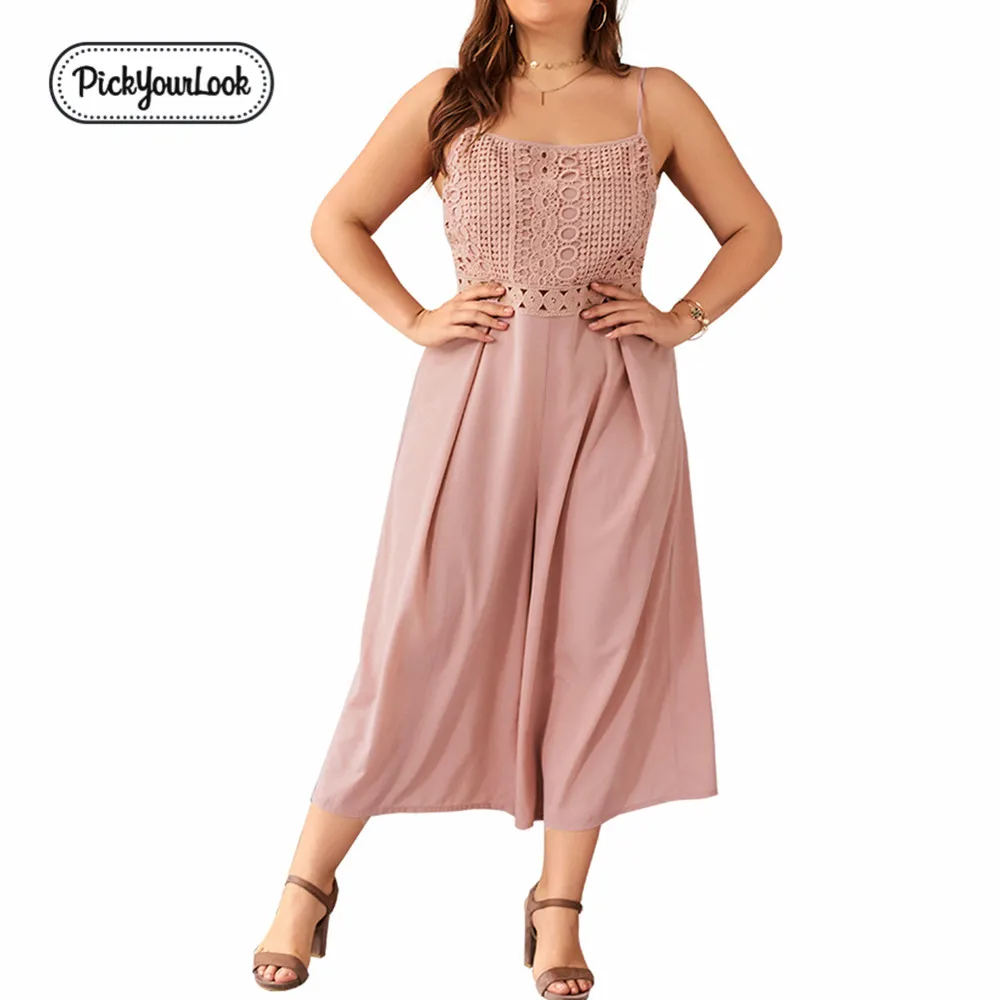 

Pickyourlook Jumpsuit Woman Plus Size Sleeveless Lace Pink Jumpsuits Fashion Wide Leg Pants Loose Elegant Women Overalls H40