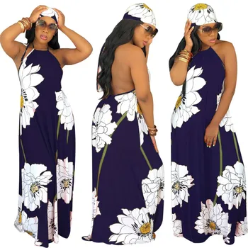 

2019 women summer halter open back sleeveless with hand scarf loose floral print floor length long dress