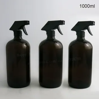 

Top Quality 60pcs/lot 33OZ Large Dark Amber Brown Glass Round Bottle Black Trigger Sprayer 1000ML Disinfectant Spray Container