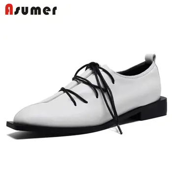 

ASUMER 2020 HOT fashion pleated pointed toe loafers lace up genuine leather flats women summer shoes casual shoes BIG SIZE 34-42