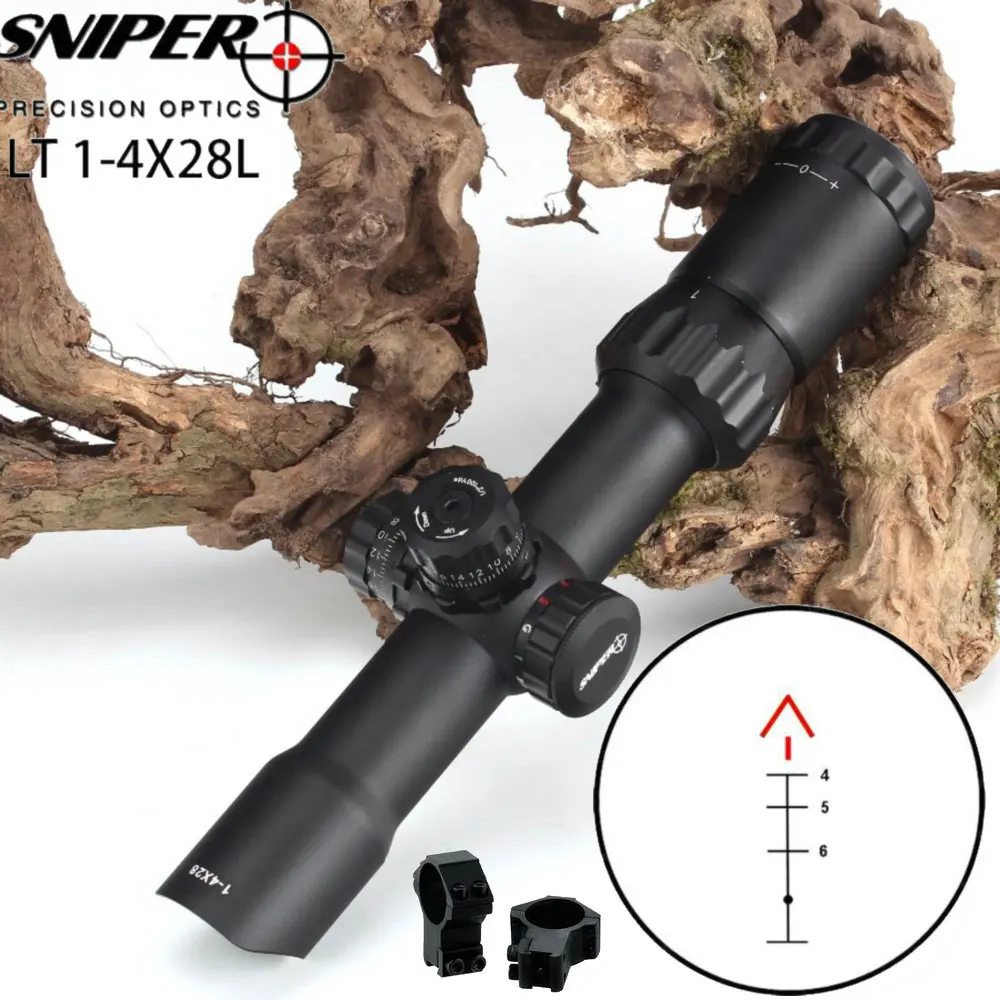 قناص الصيد Riflescope 1-4X28 الزجاج محفورا شيفرون شبكاني طويل العين الإغاثة التكتيكية البصرية البصر RGB مضيئة بندقية نطاق