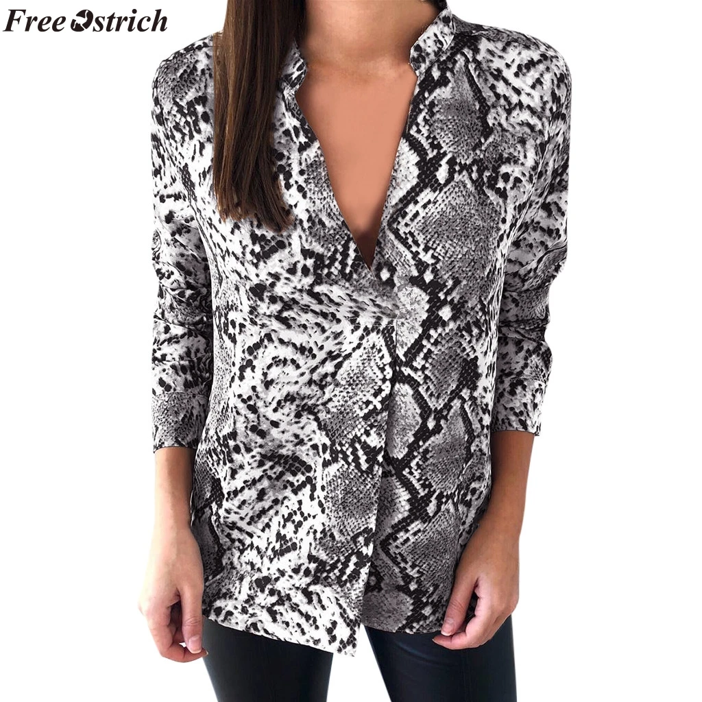 

FREE OSTRICH women's fashion sexy snake print long sleeve V-neck low-cut Blouse Female casual loose Ladies long shirt plus size