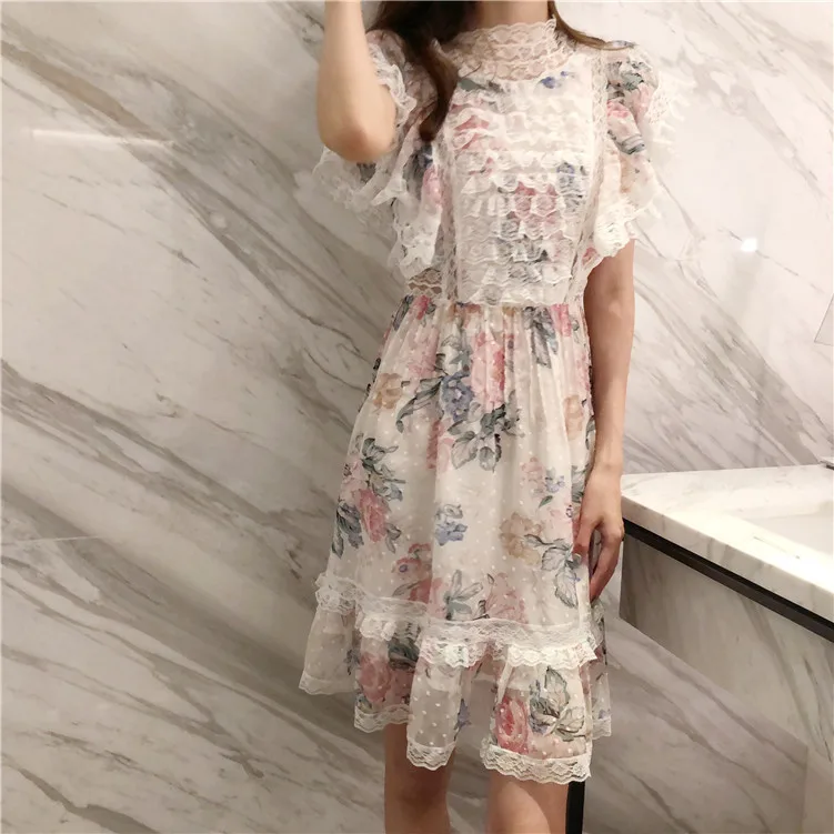 

New 2019 Butterfly emulation silk chiffon dress summer flowers printed collar lace falbala G0112 princess
