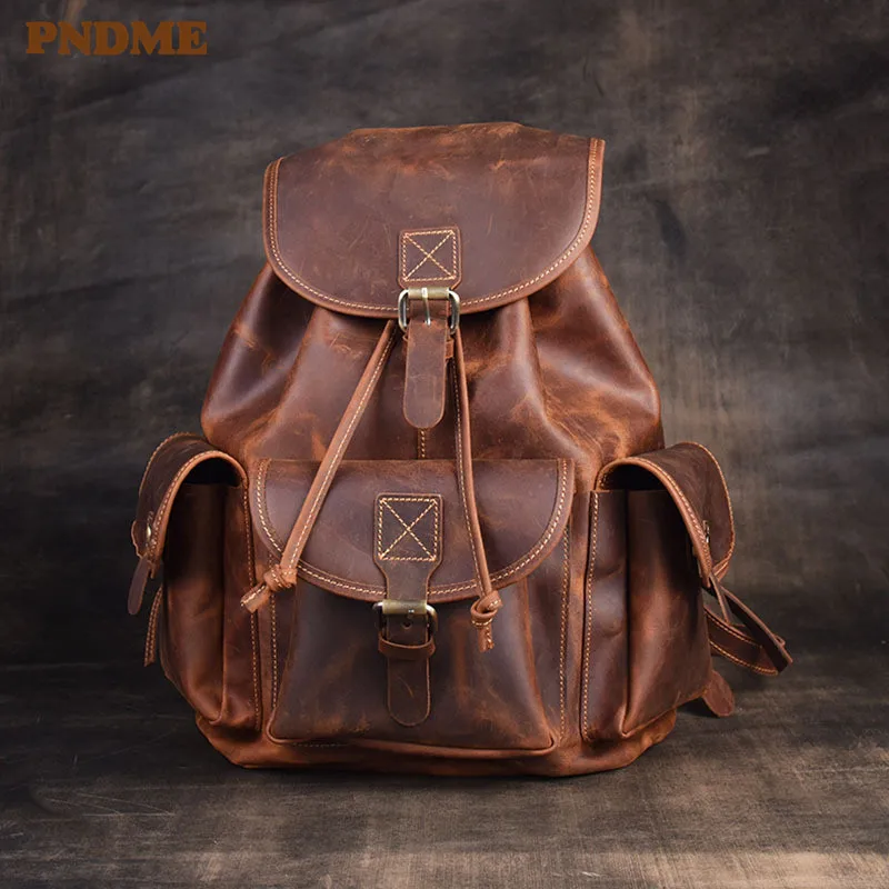 

PNDME designers retro crazy horse cowhide ladies backpack simple brown genuine leather women's bookbags luxury travel bagpack
