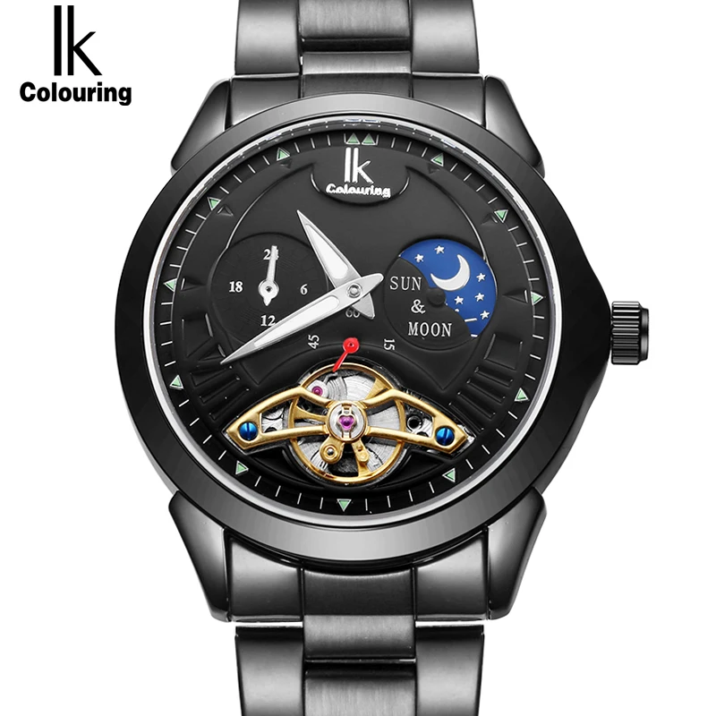 

IK 24 hours Moon Phase Black Men's Skeleton WristWatch Stainless steel Antique Steampunk Automatic Skeleton Mechanical Watches