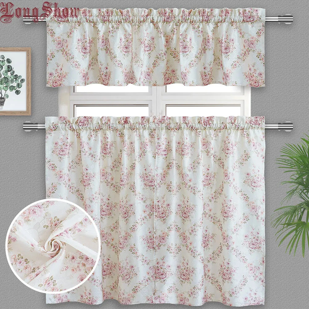 

1Set/3pcs Home Decorative Pink Color Floral Jacquard Cloth Door Kitchen Curtains