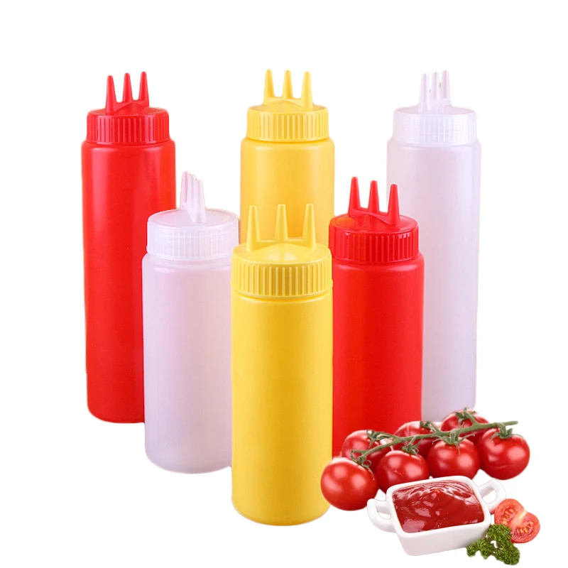 PE Squeeze Bottle Three Holes Condiment Dispenser Sauce Vinegar Ketchup