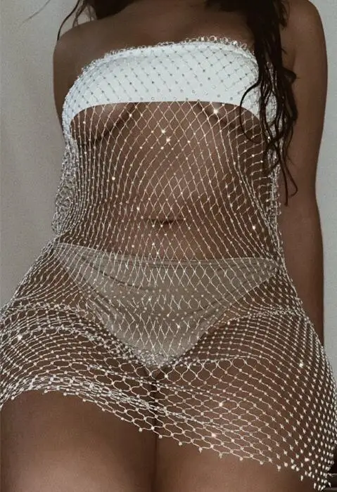 White dress Для женщин Полусапоги с блестящими пуговицами; ажурные мини-юбка Для женщин Bodycon полые прозрачные модные ночной клуб вечерние пляжные юбки - Цвет: White dress