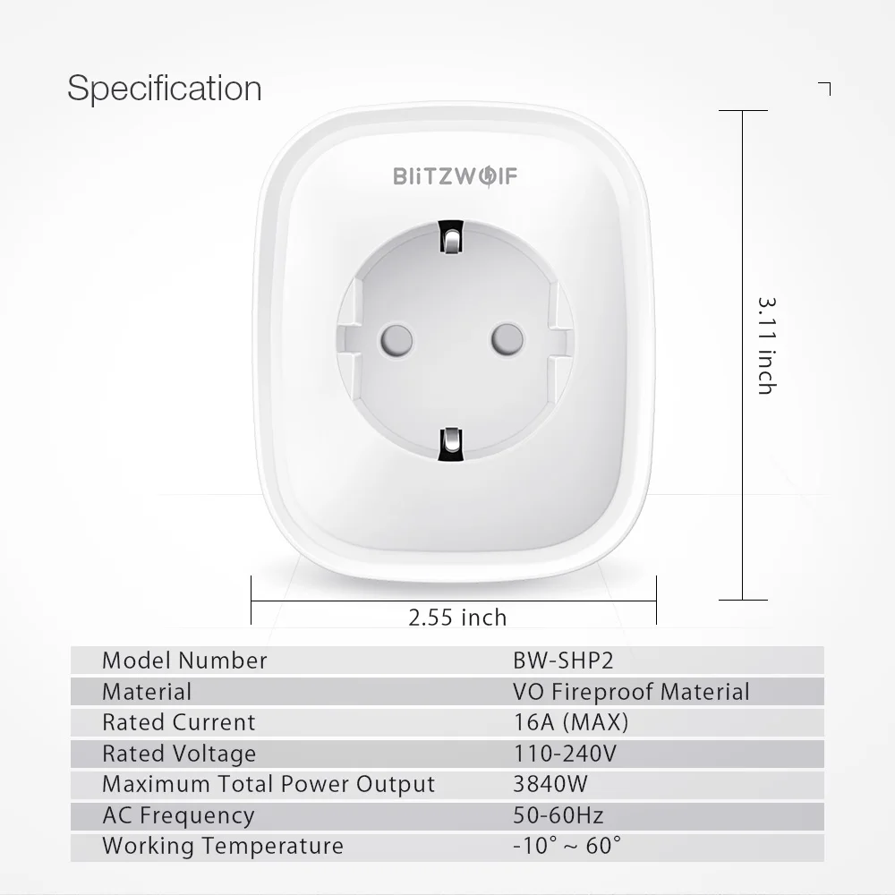 BlitzWolf BW-SHP2 WI-FI ЕС умная розетка Smart Plug 220V 16A дистанционного Управление умный переключатель времени, работает с Amazon Alexa/Google Assistant