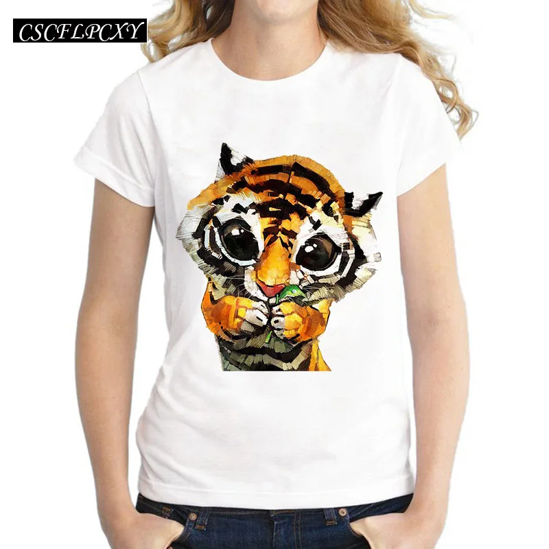 

New 2016 Animal Tiger Tees Women T Shirt Cartoon Pug Print Short Sleeve Femme T-Shirts White Plus Size Casual Loose Summer Tops