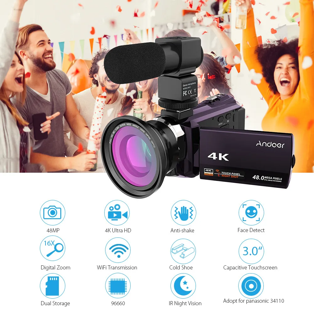 Andoer 4K 1080P 48MP цифровая камера с Wi-Fi для видео Камера ИК ночного видения 16X цифровой зум 3 дюймов емкостный сенсорный экран