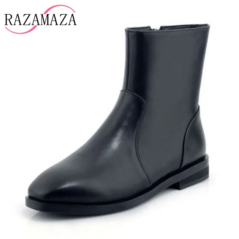 RAZAMAZA Women Flats Boots Real Leather Round Toe Zipper Ladies Botas Simple Vintage Female Footwear Size 35-39 | Обувь