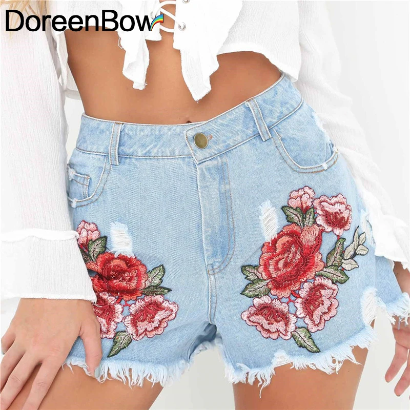 DoreenBow Flower Rose Embroidery High Denim Shorts Women Casual Fringe