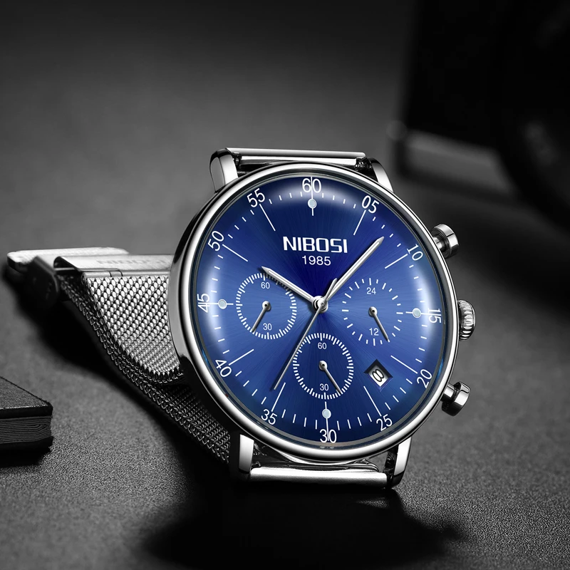 Cena NIBOSI męskie zegarki Luxury Fashion Casual Dress wodoodporne wojskowe zegarki kwarcowe mężczyźni pasek ze stali nierdzewnej srebrny zegarek