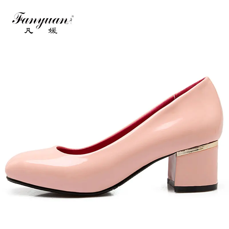 

Fanyuan Women Basic Pumps Concise Round Toe Thick Med Heels Wedding Casual Soft Slip-on pumps Sweet Candy color women shoes