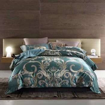 

Blue Golden Satin Jacquard Luxury Royal Bedding set Queen King size Silk Cotton Quilt/Duvet cover Bedsheet/linen set 40