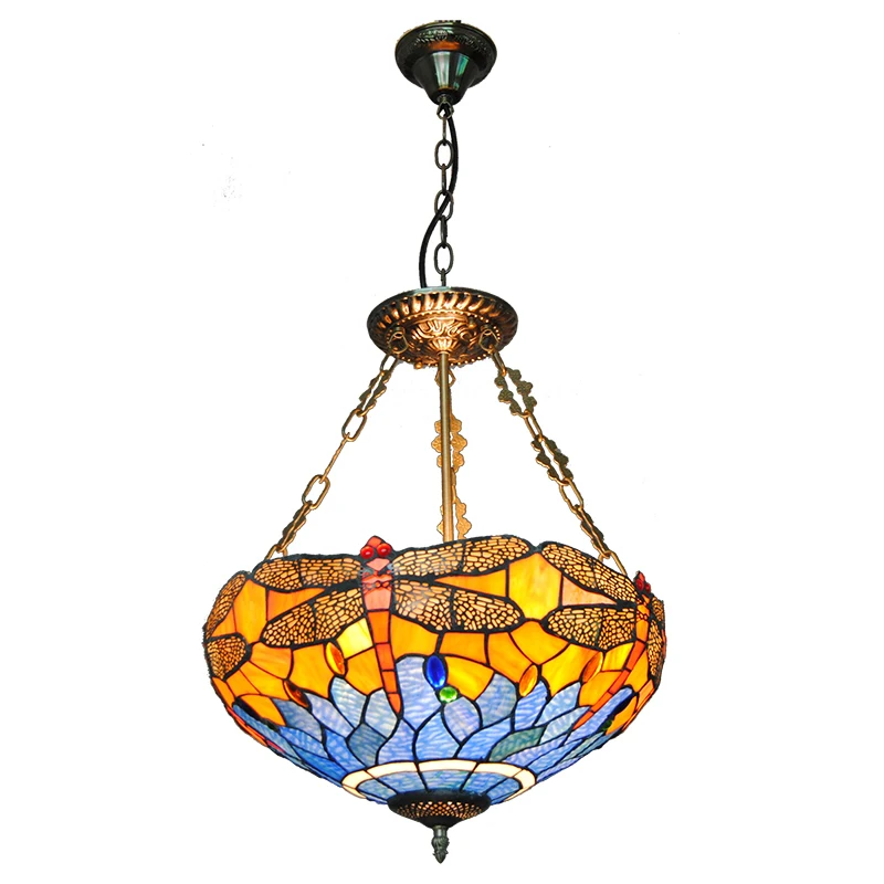 European Tiffany 3 Lights Inverted Hanging Lamp Blue Dragonfly Stained Glass Pendant Light Home