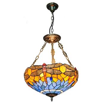 

European Tiffany 3 Lights Inverted Hanging Lamp Blue Dragonfly Stained Glass Pendant Light Home Decorative Lighting Fixture P704