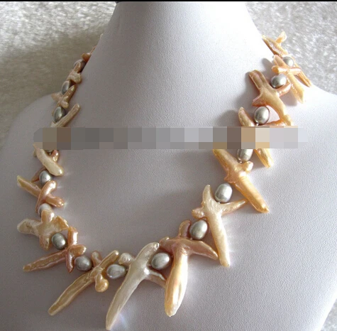 

huij 002014 7-8mm Gray Rice Peach Pink Big Cross Freshwater Pearl Necklace