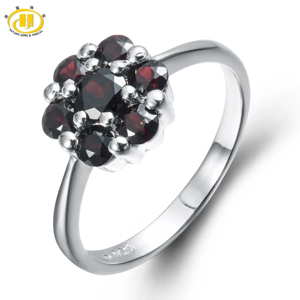 

Hutang Natural Black Garnet Solid 925 Sterling Silver Floral Ring For Women Fine Jewelry Genuine Gemstone