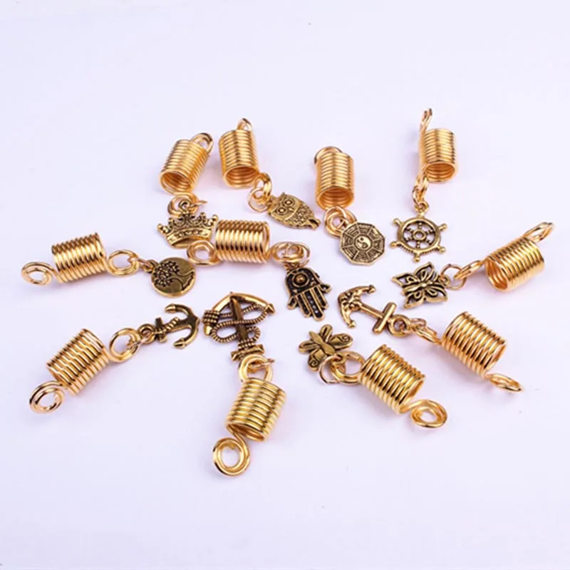 

5pcs/Pack Golden spiral owl anchor jewelry charms hair braid dread dreadlock beads cuffs rings tube for hair accessories