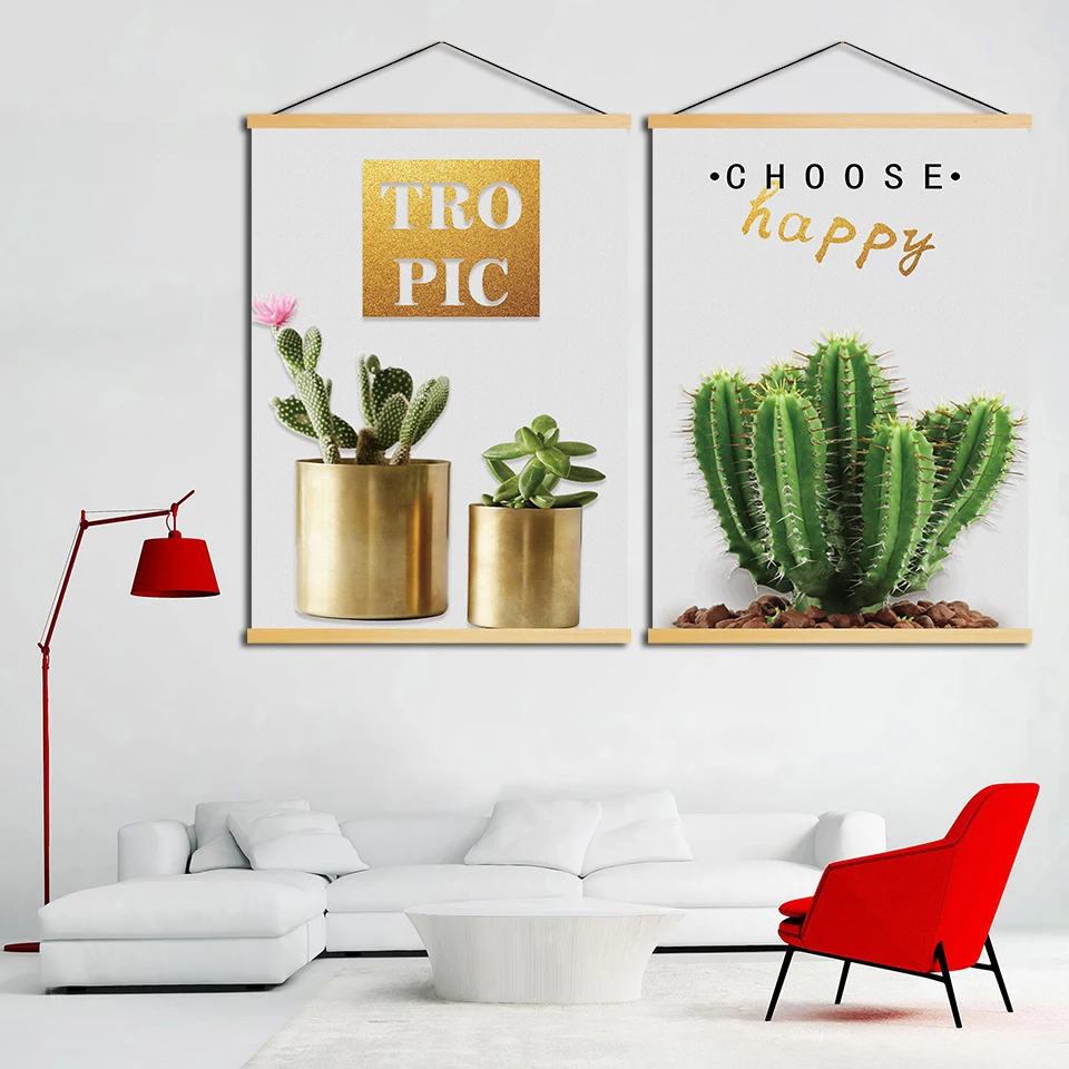 Wall-Art-Nordic-Style-Canvas-Cactus-Potted-Letter-Pictures-Modern-Painting-Print-Poster-Solid-Wood-Hanging - 