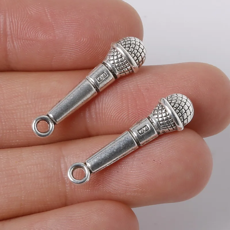 

Hot Sale 6pcs 7x27mm Zinc Alloy Antique Silver Plated Fit Bracelet Microphone DIY Charms Pendants For Jewelry Making Accessory