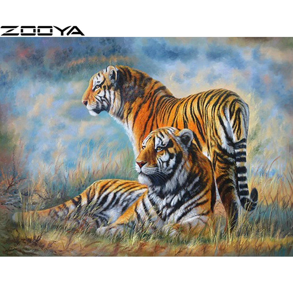 

ZOOYA Diamond Embroidery 5D DIY Diamond Painting Cross-Stitch Kits Animal Two Tigers Rhinestone Painting Mosaic Picture R1243