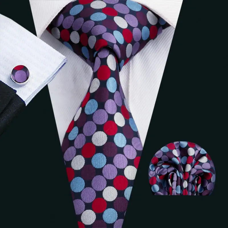 

LS-1567 Barry.Wang Classic Men`s Tie 100% Silk Purple Polka Dot Necktie Hanky Cufflink Set For Men`s Wedding Party Business