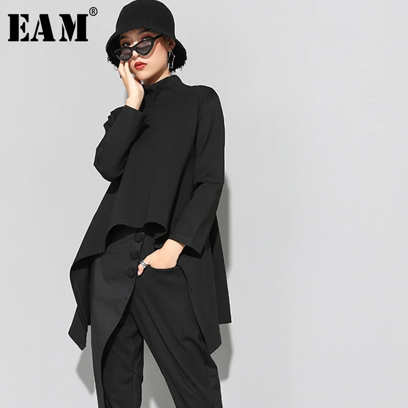  [EAM] 2020New Autumn Winter High Collar Long Sleeve Black Irregular Hem Loose T-shirt Women Fashion
